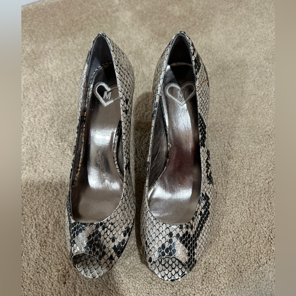 Madeline Snake Print Peep-Toe Platform Heels in Beige and Black